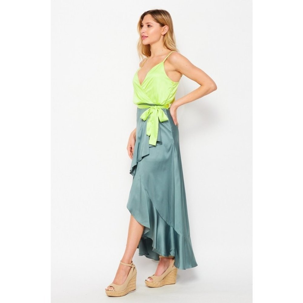 NEW Solid Satin Sleeveless Surplice Maxi Dress- Olive